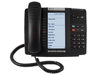 Mitel IP telephone desktop set with monochrome multi-button display and wired receiver