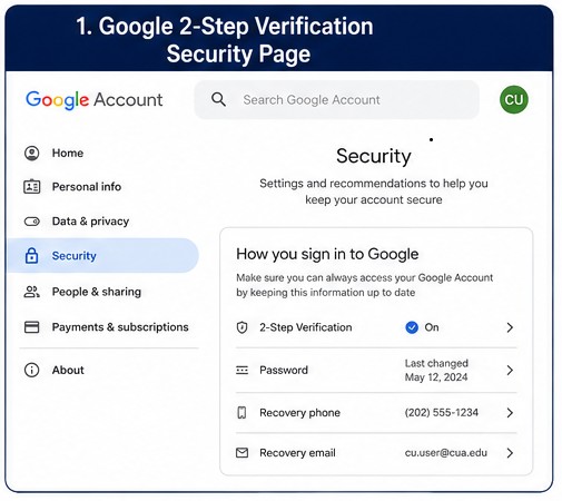 Google Account Security page showing the 2-Step Verification option