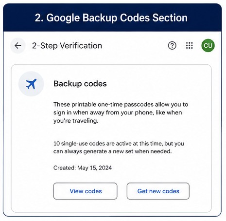 Google 2-Step Verification Backup codes section