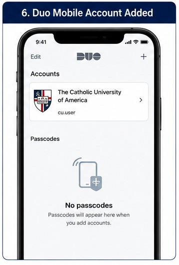 Duo Mobile app showing a Catholic University account added
