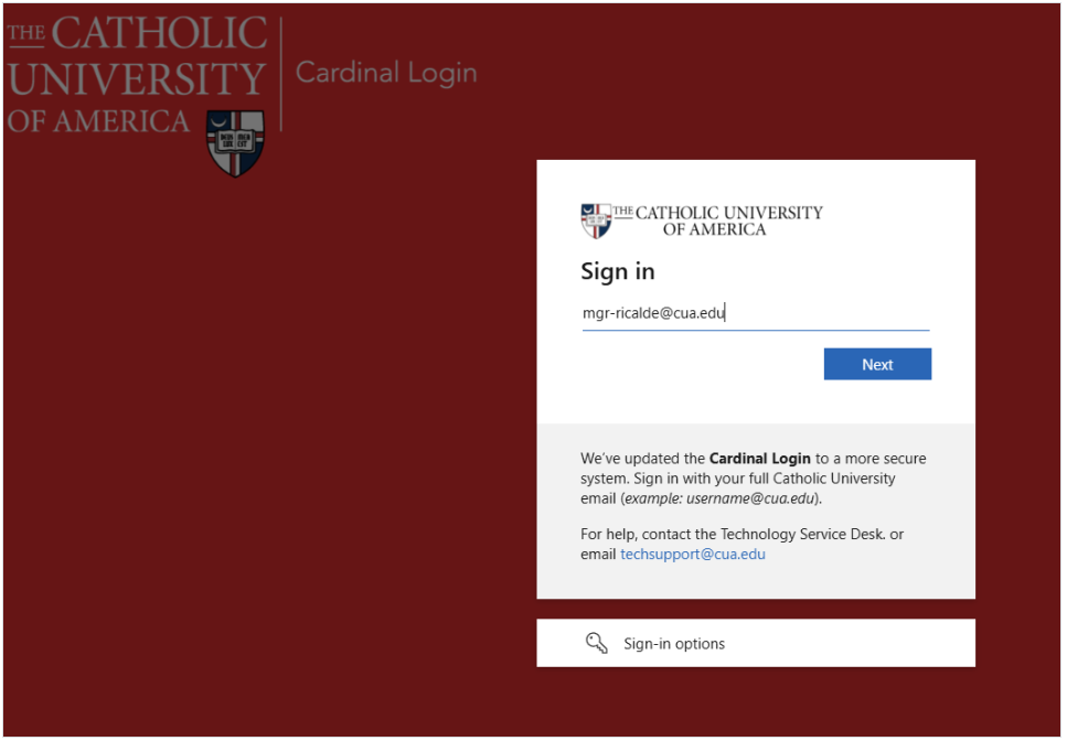 New Entra ID login screen asking for full Catholic University email address