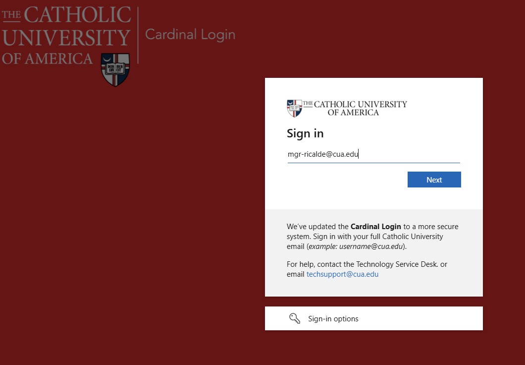 Cardinal Login sign-in screen with a full CUA email address entered.