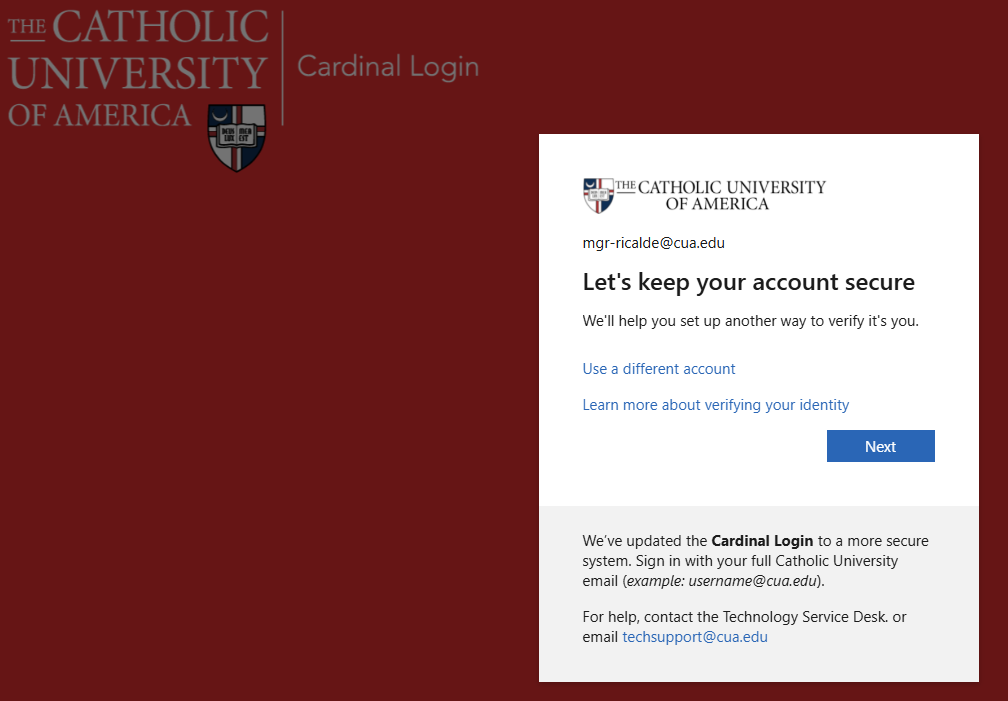 Security prompt that says Let's keep your account secure with a Next button.