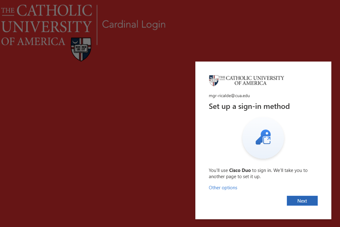 Set up a sign-in method screen confirming Cisco Duo with a Next button.