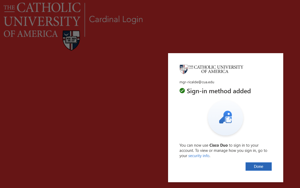 Sign-in method added confirmation screen with a Done button.