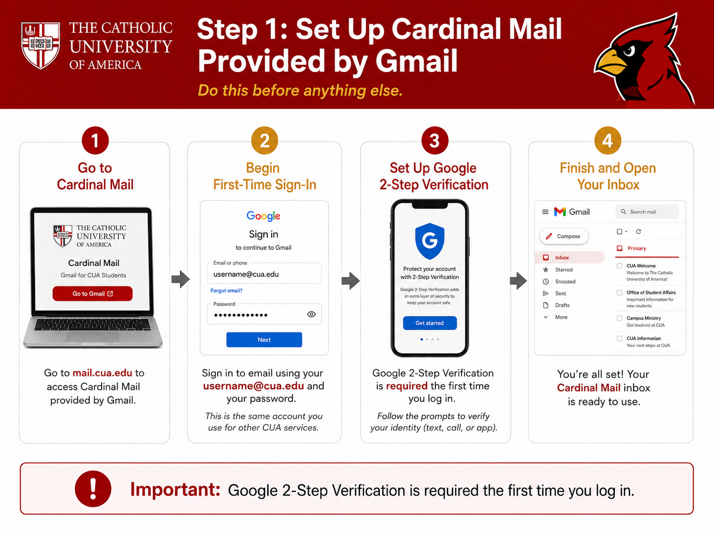 Step-by-step instructions for setting up Cardinal Mail Provided by Gmail.