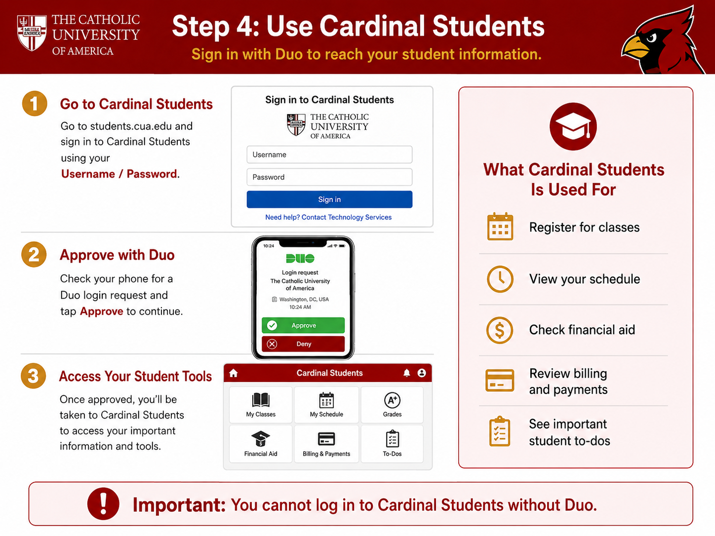 Instructions for signing in to Cardinal Students using a username, password, and Duo.