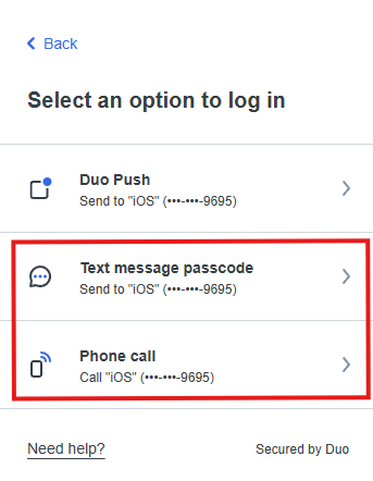 Duo login options showing text message passcode and phone call choices