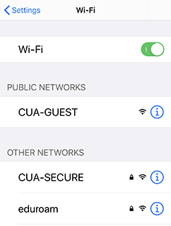 Smartphone WiFi settings screenshot shot, showing available WiFi networks CUA-GUEST, CUA-SECURE and eduroam.